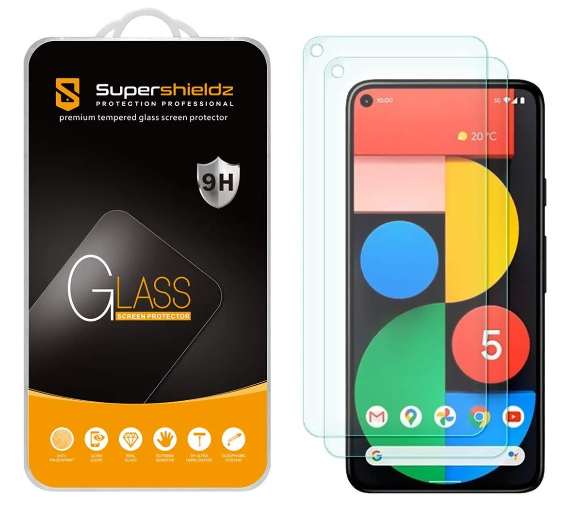 Two clear tempered-glass screen protectors with rounded edges for Google Pixel 5