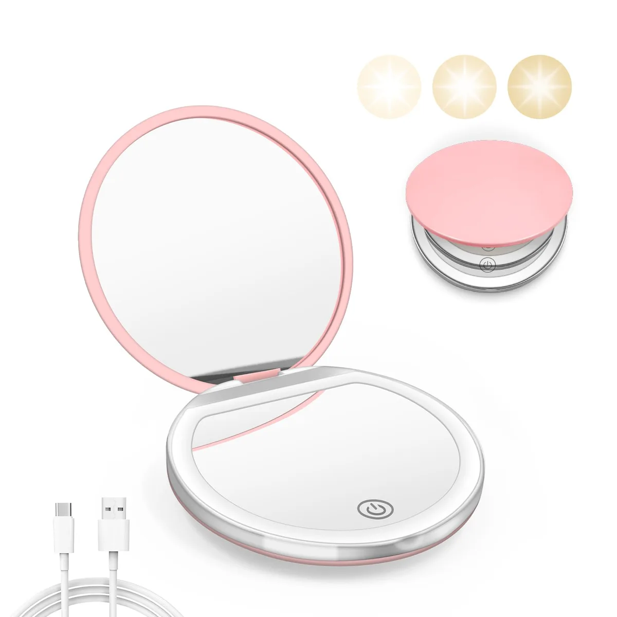 Pink round compact mirror with LED lights and 1x 3x magnification sides