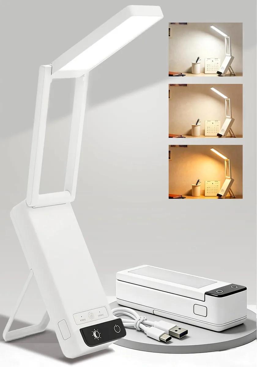 White foldable desk lamp with rotating head and touch controls
