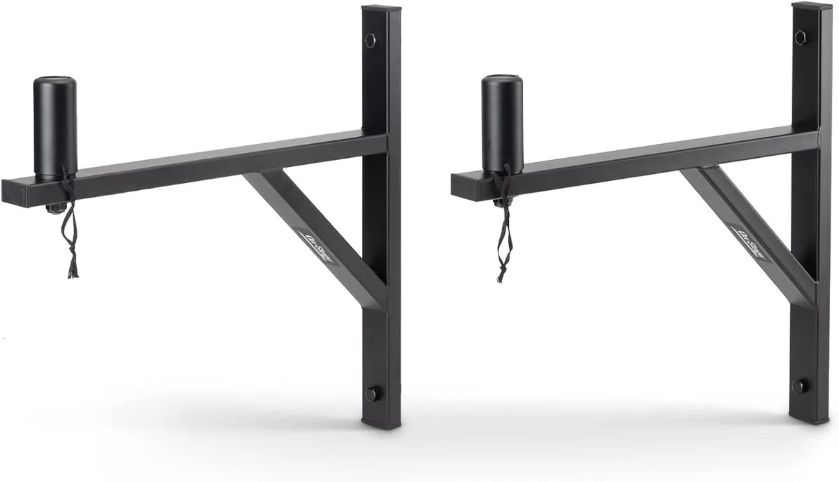 Pair of black steel wall-mount speaker brackets with pole and adapter sleeve