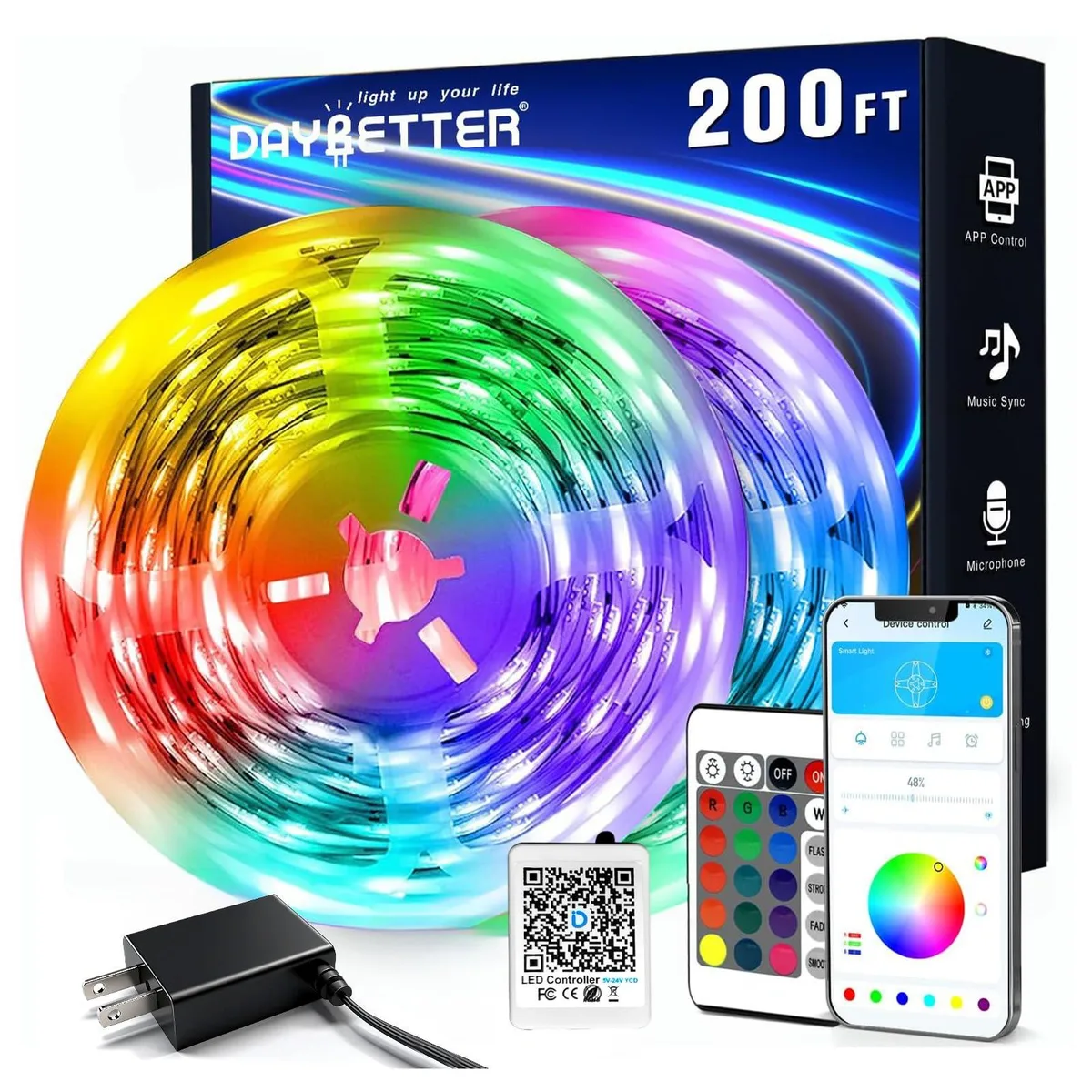Two 100 ft LED strip rolls with adhesive backing and remote control