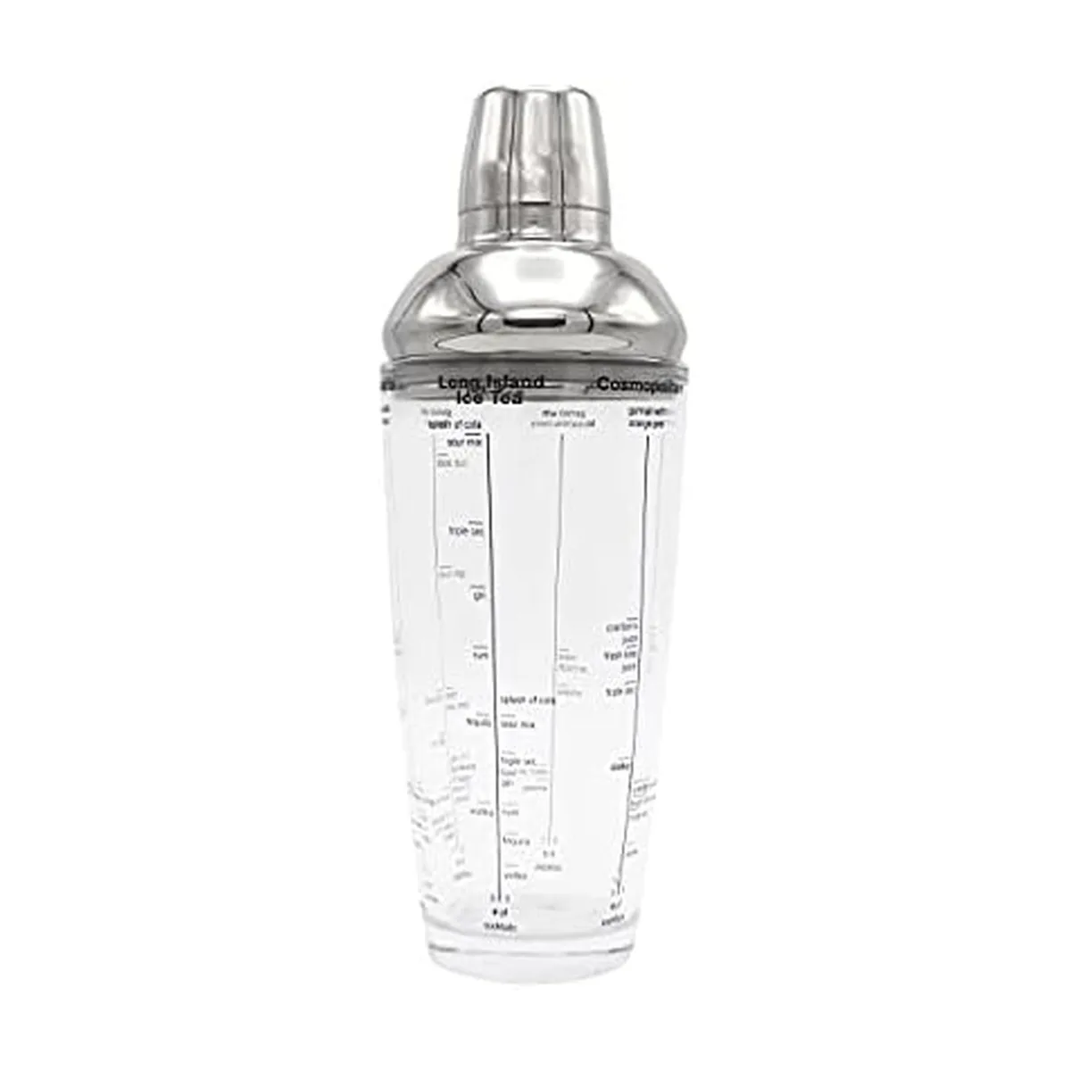 Clear 24oz glass cocktail shaker with stainless steel strainer lid and measurement marks