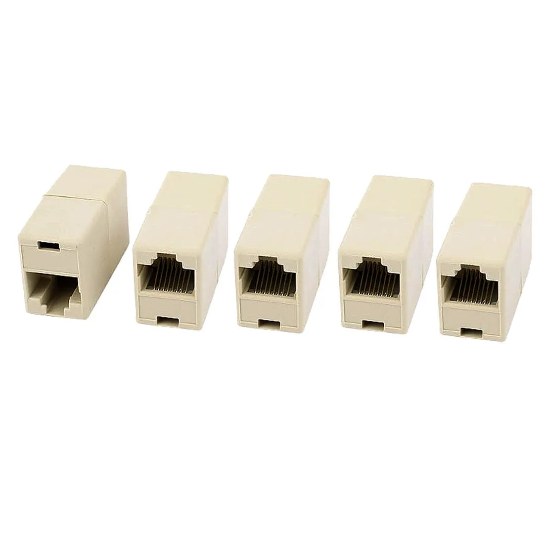 Five khaki plastic RJ45 inline couplers, rectangular with ports each end