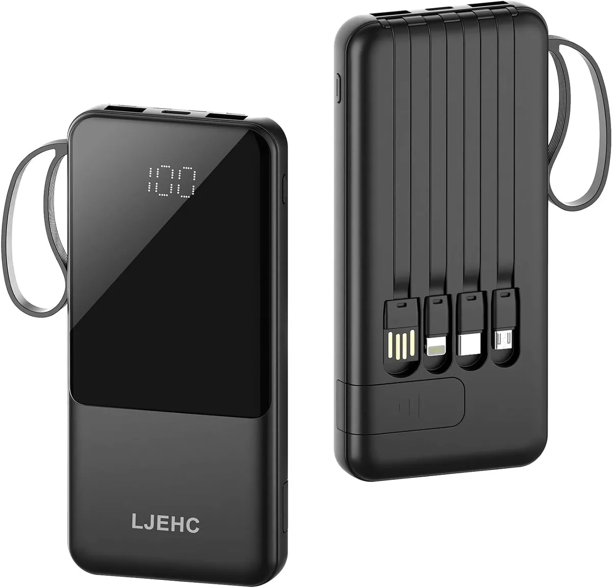 PISKEKAT PISKEKAT 10000mAh Power Bank Built-in Cables 5 Out 3 In LED Black — product photo