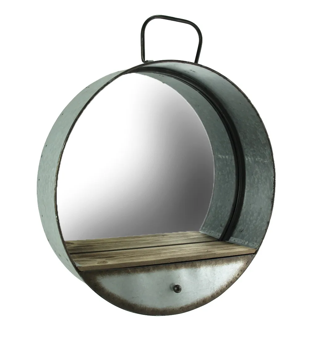 SPECIAL T IMPORTS SPECIAL T IMPORTS Round Wall Mirror 20.5 Inch Galvanized Metal Tub Frame with Drawer — product photo