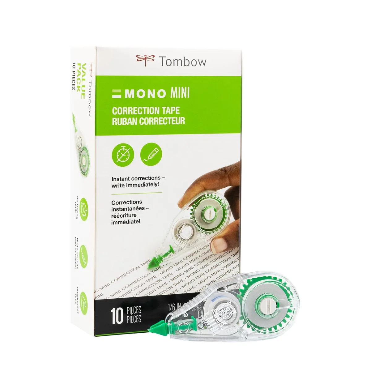 Ten clear compact correction tape applicators in a pack