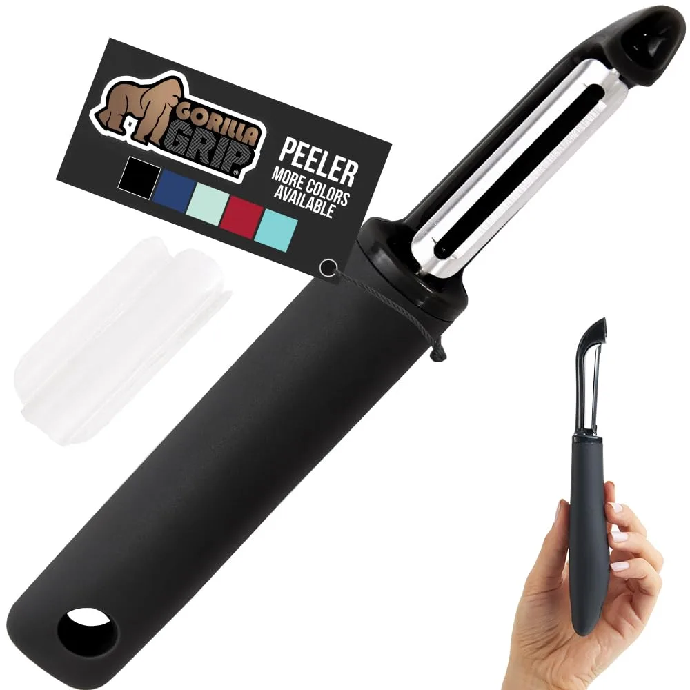 Black vegetable peeler with dual swivel blades, soft rubber handle and plastic guard
