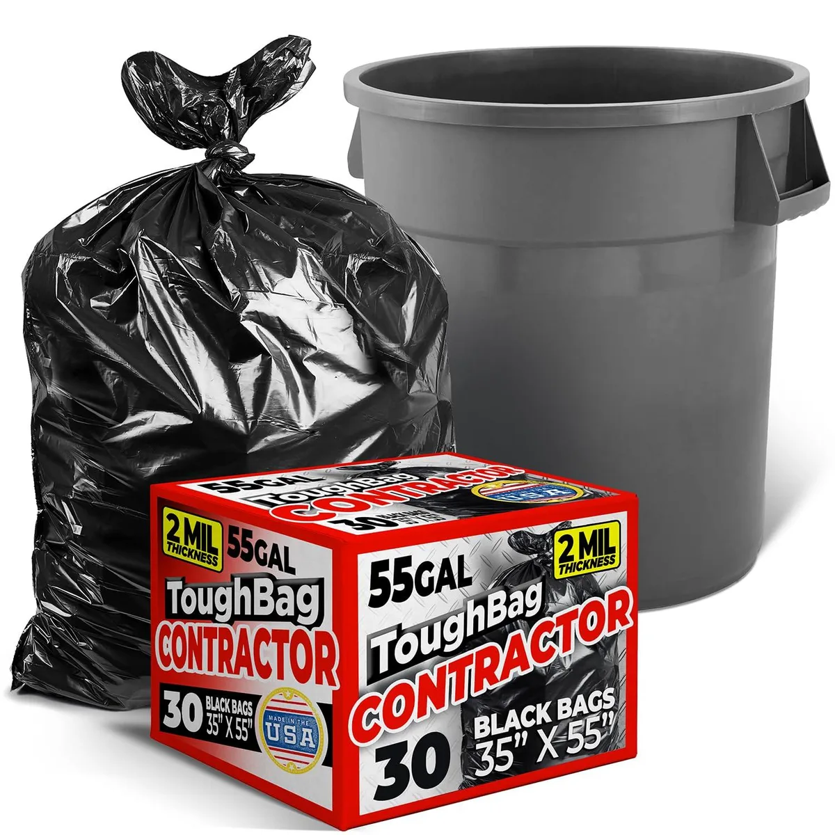 White 55-gallon contractor trash bag pack, 30 count, 2.5 mil thick