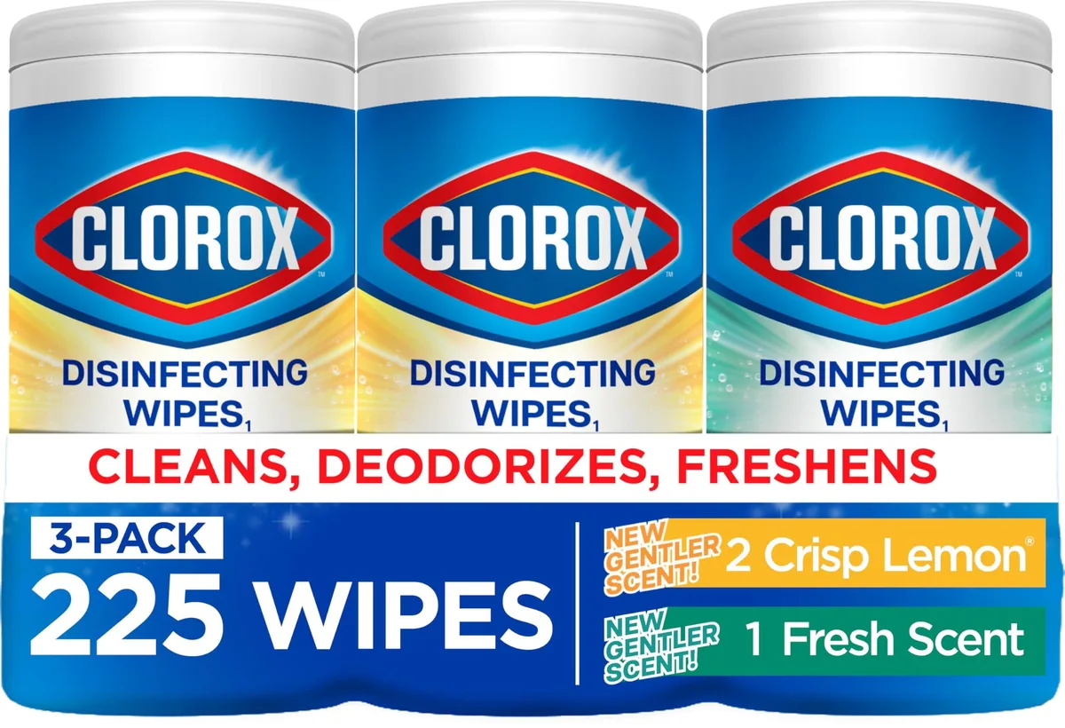 Three white plastic canisters of disinfecting wipes, 75 count each