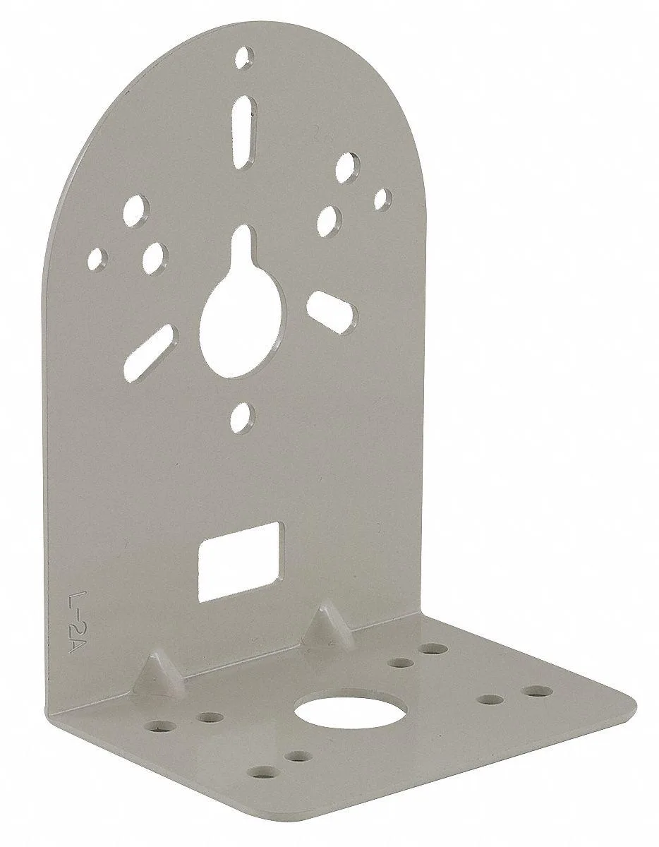 Metal L-shaped bracket with mounting holes, silver finish