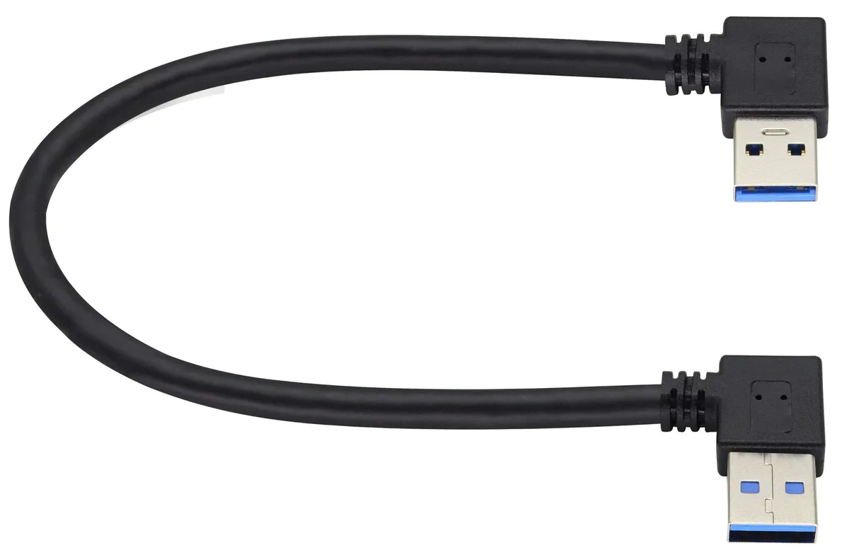 Black PVC USB 3.0 A male-to-male cable with 90-degree angled connectors on both ends, 1 ft long