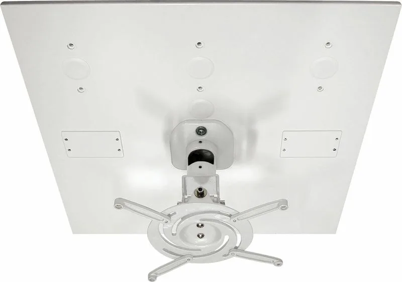 White steel ceiling tile plate with cast aluminum projector mount arms, drop-in design for 2x2 grid