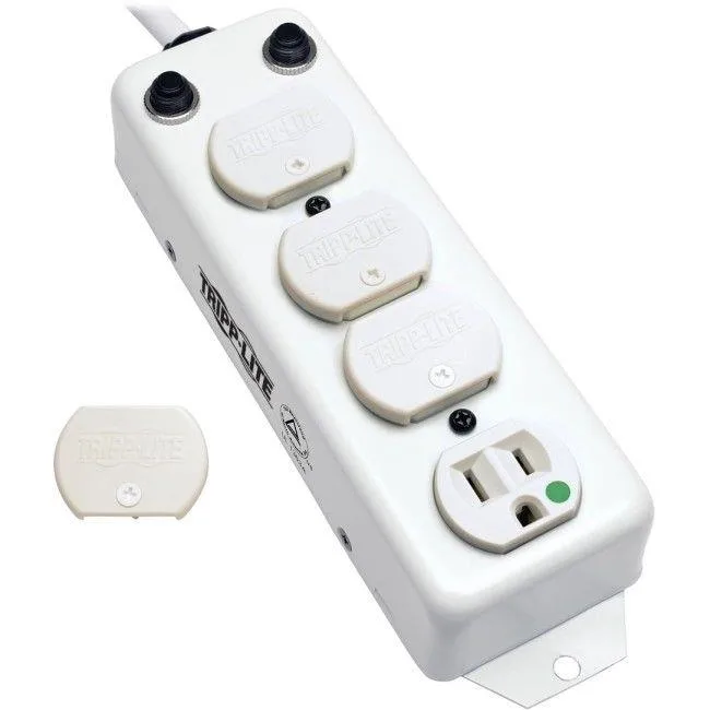 White hospital-grade power strip with four outlets and a long cord