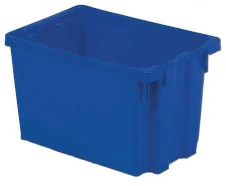 Red plastic stacking bin with solid walls, open top, rectangular shape, 26 by 18 by 10 inches