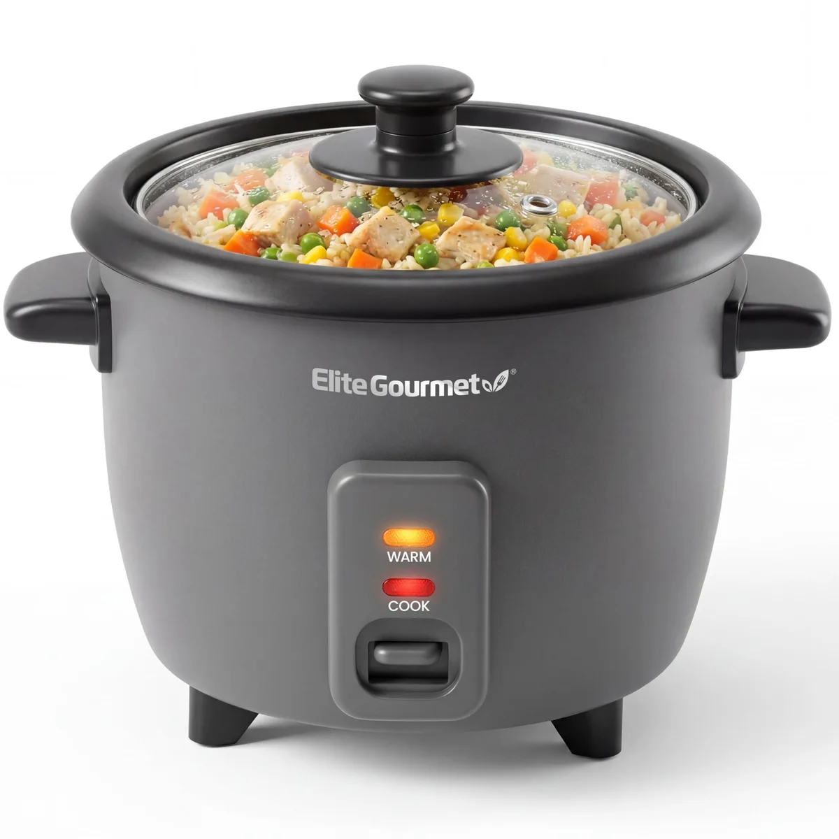 Dark grey ceramic rice cooker with glass lid