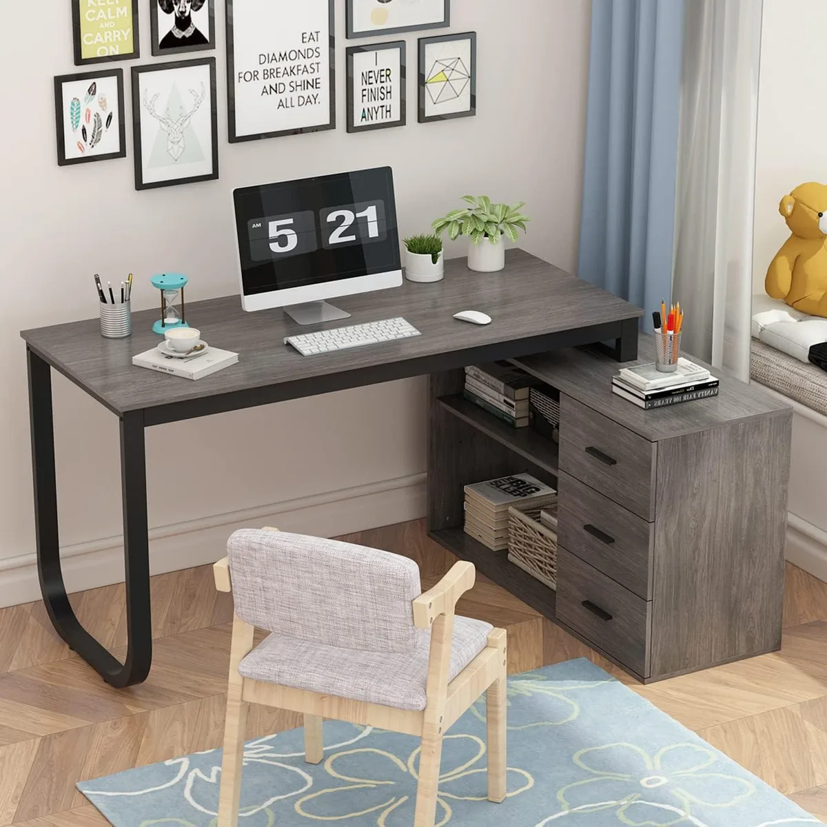 BFKK BFKK 55" L-Shaped Corner Desk with 3 Drawers 2 Shelves Grey — product photo