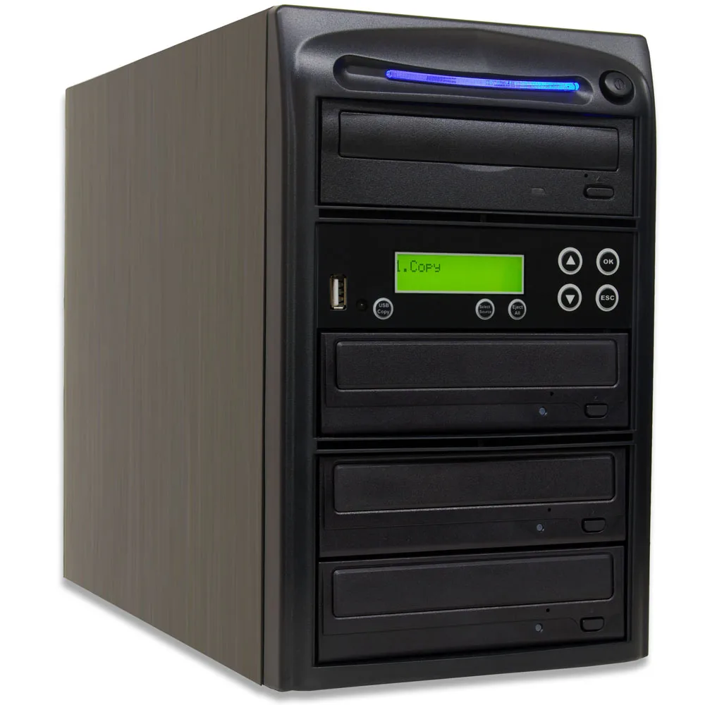 A rectangular tower with three front-loading Blu-ray drives and a top USB port