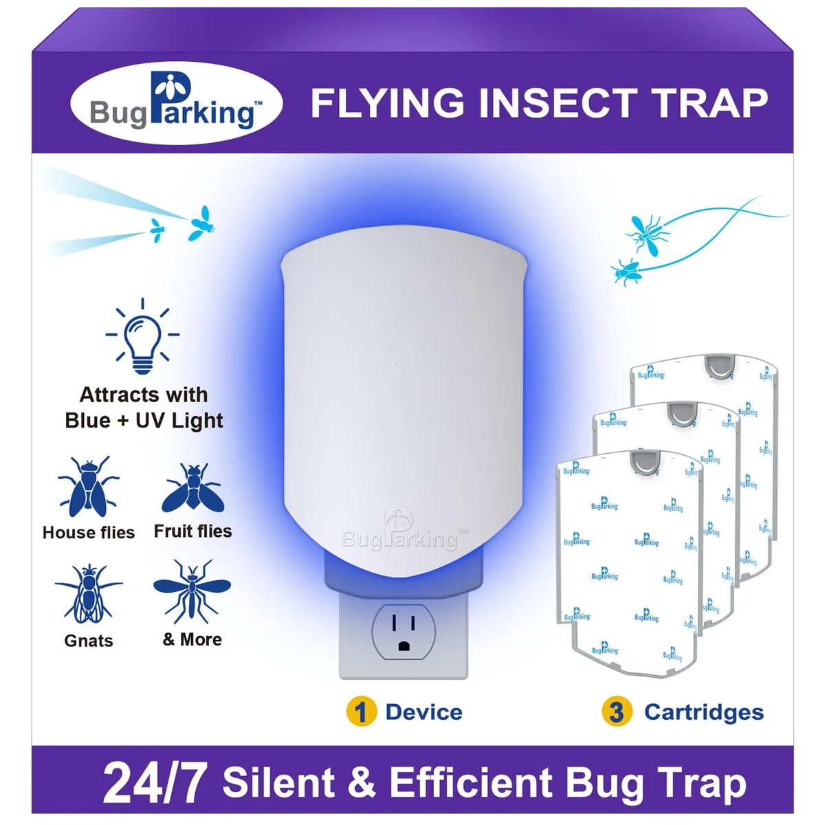 White plug-in insect trap with blue UV light and three refill cartridges