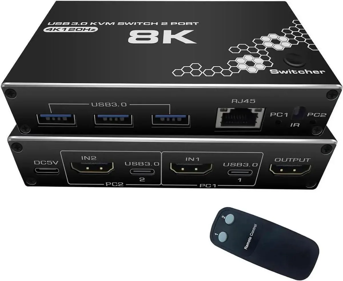 Vszerda Vszerda 2-Port HDMI KVM Switch 4K120Hz 3×USB 3.0 RJ45 Remote — product photo