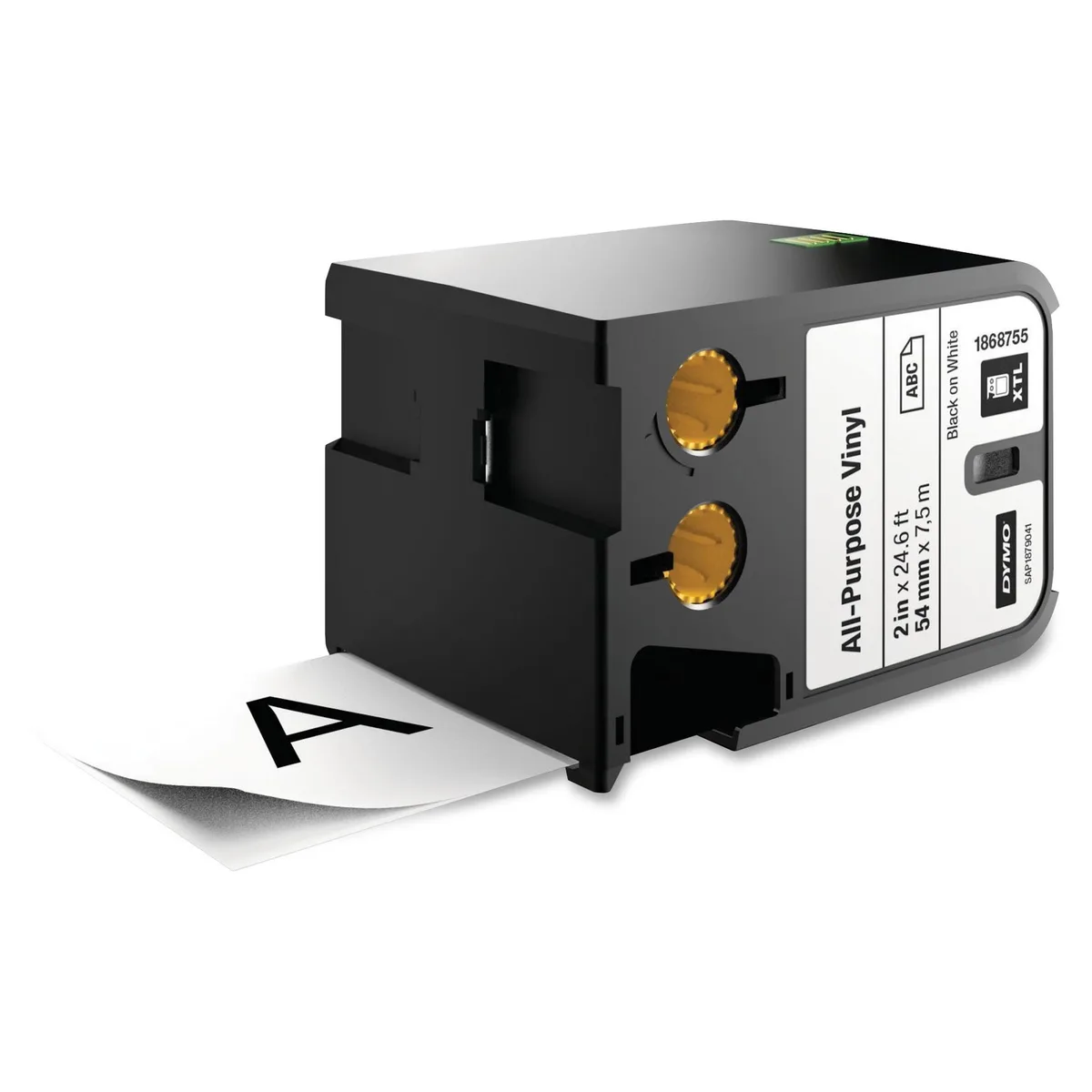 A roll of white vinyl tape with black text in a cartridge