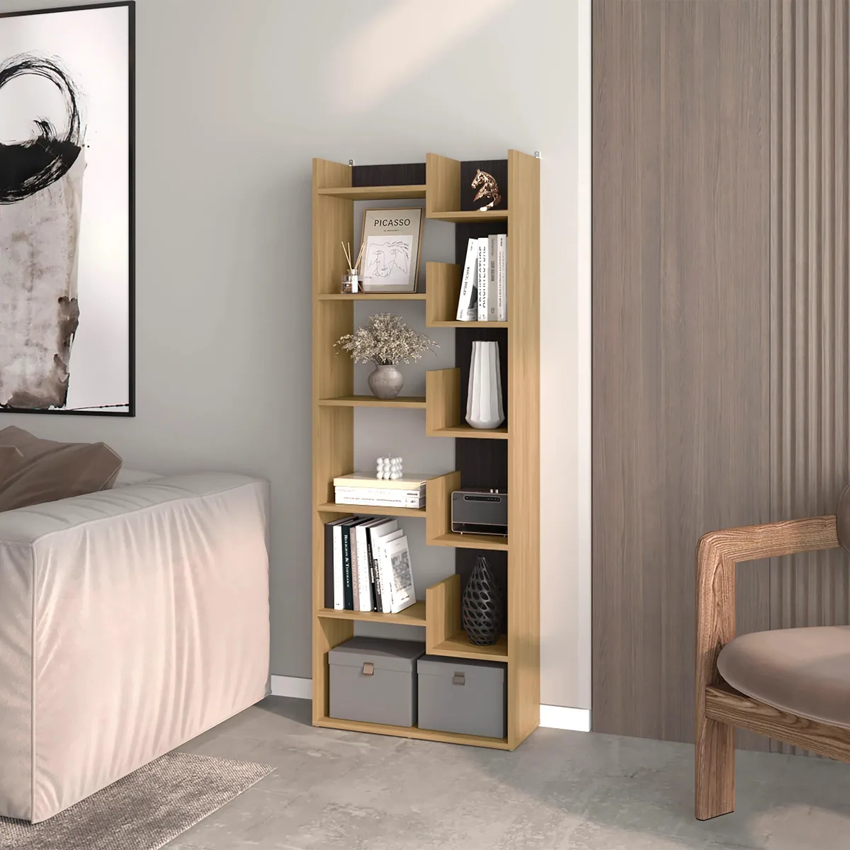 White rectangular bookshelf with ten open shelves in natural oak finish