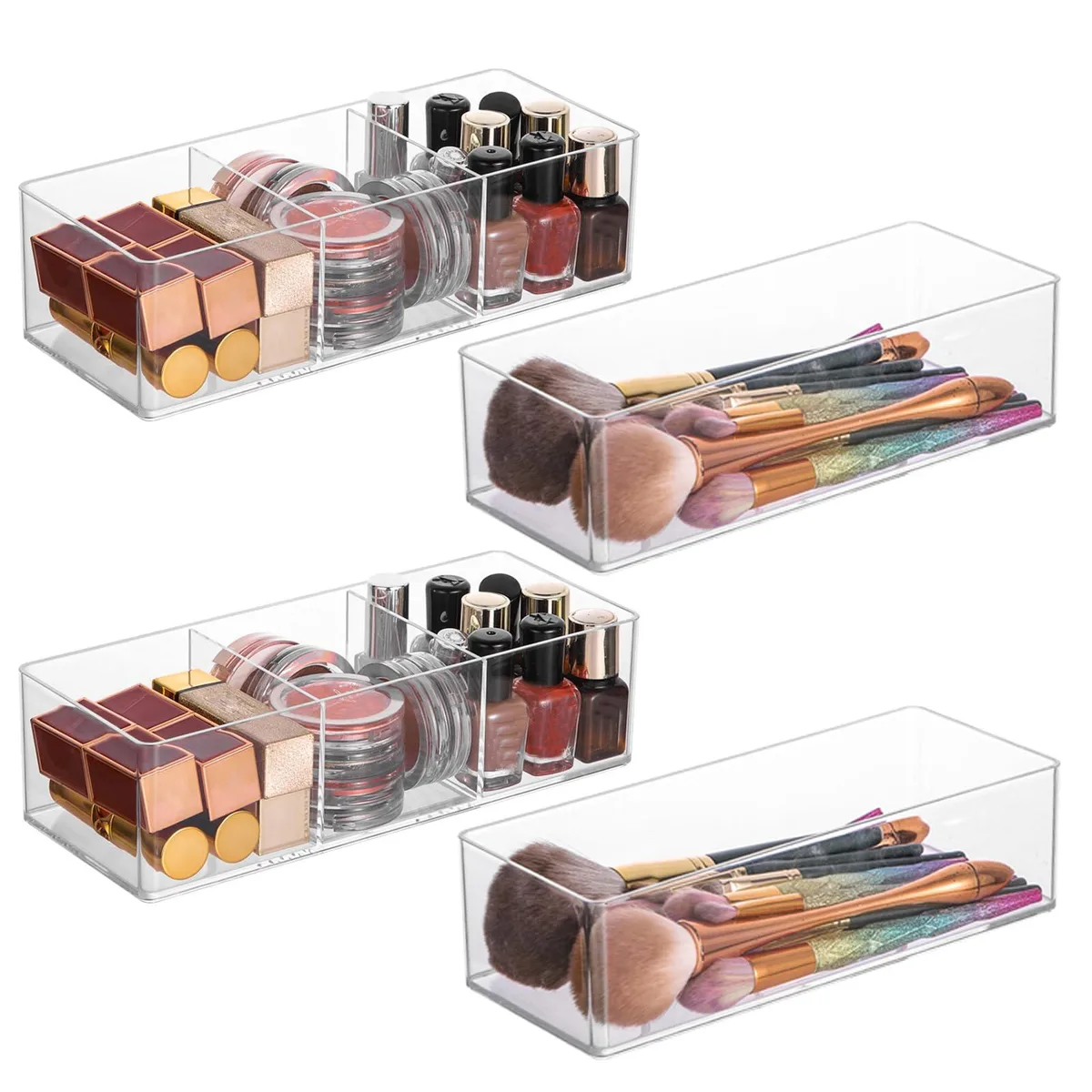 Four-piece black acrylic bath storage set with clear stackable boxes and compartments