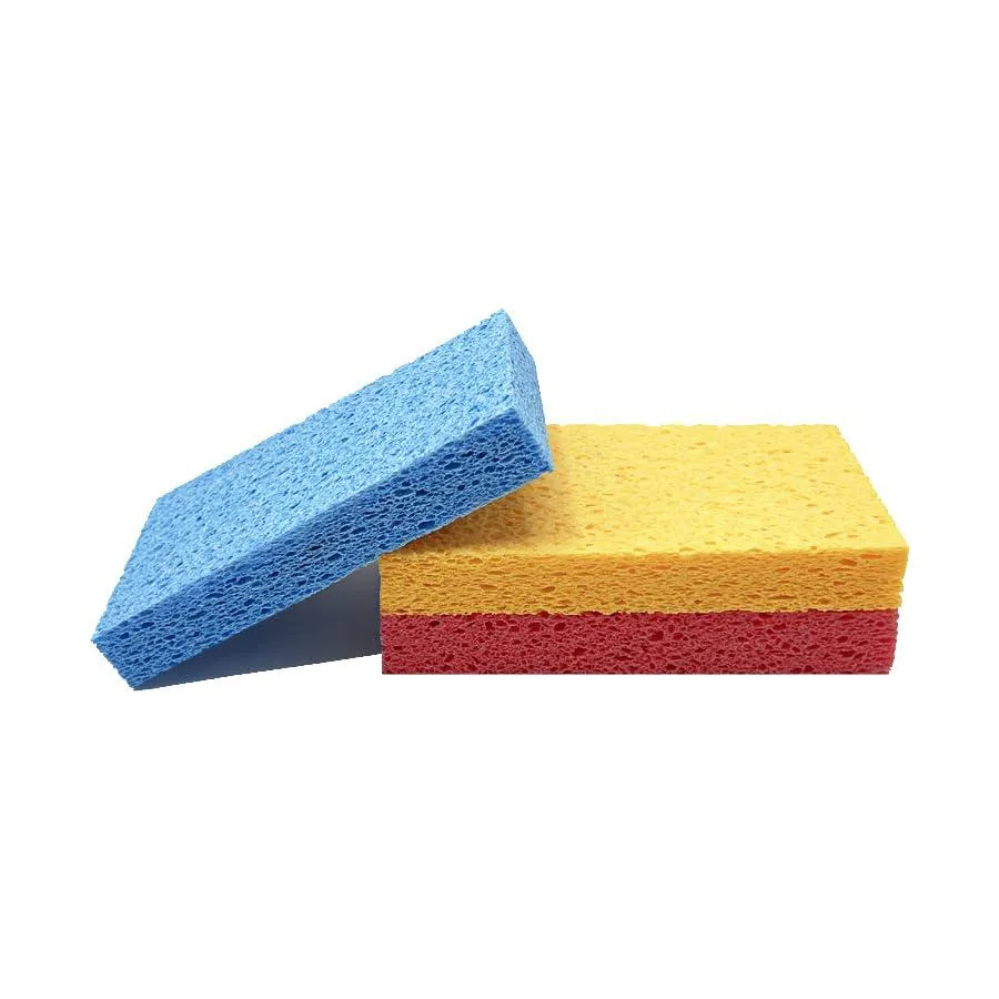 Three rectangular cellulose sponges in mixed colours, each about six by four inches