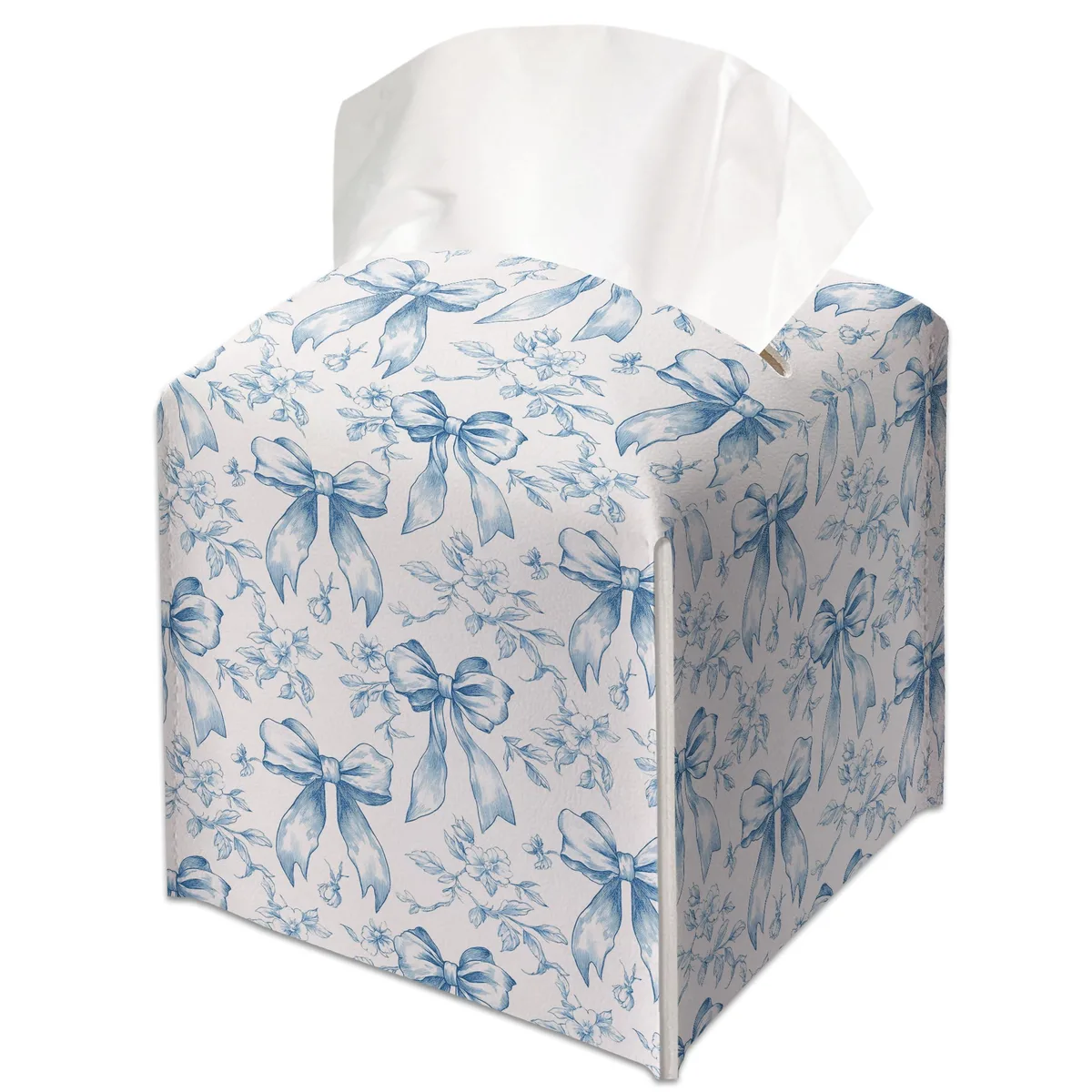 Square blue leather tissue box cover with bow detail and Velcro closure