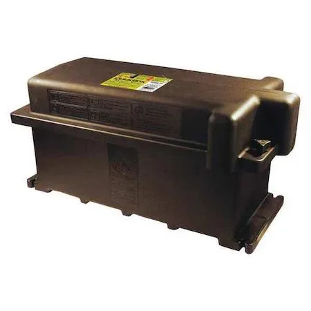 Black plastic battery box with removable lid and thumb screws