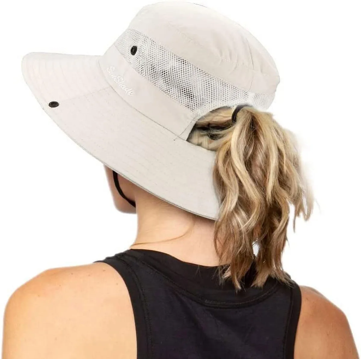  INOGIH Wide Brim Sun Hat Beige Ponytail Hole 90% Polyester — product photo