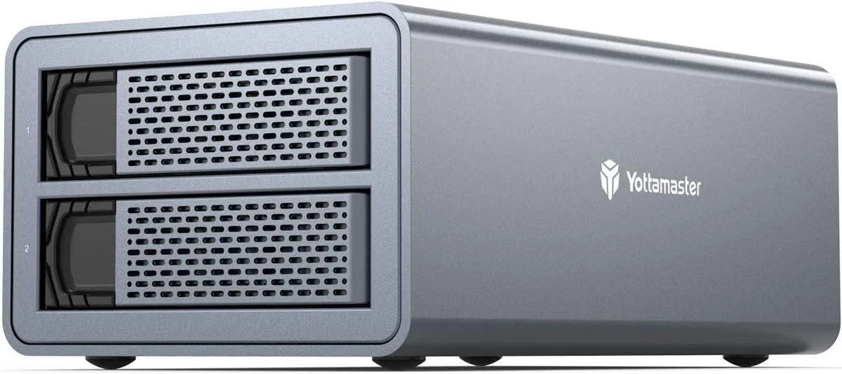 Gray aluminum two-bay RAID enclosure with silent fan, supports 2.5 and 3.5 inch SATA drives