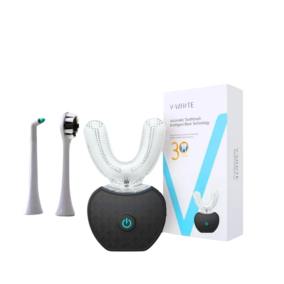 Black U-shaped electric toothbrush with soft silicone bristles and LED light therapy