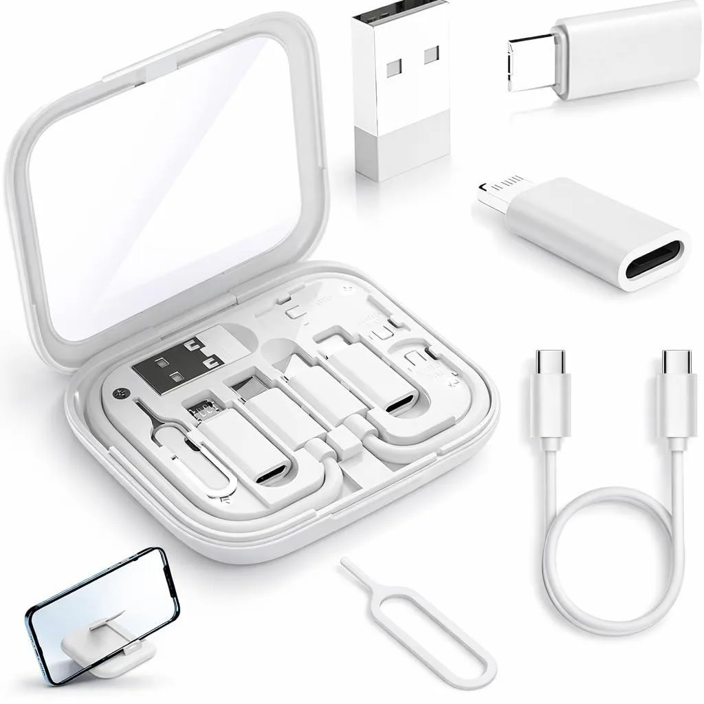 White compact case holding cables, adapters, SIM tool, mirror and phone stand