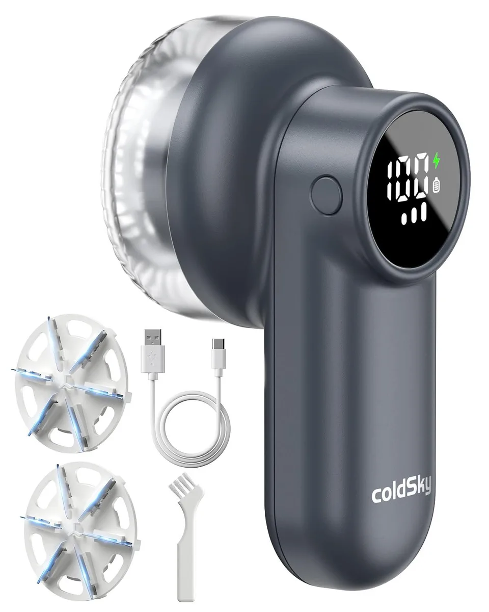 Dark grey handheld fabric shaver with LED display and honeycomb mesh cover