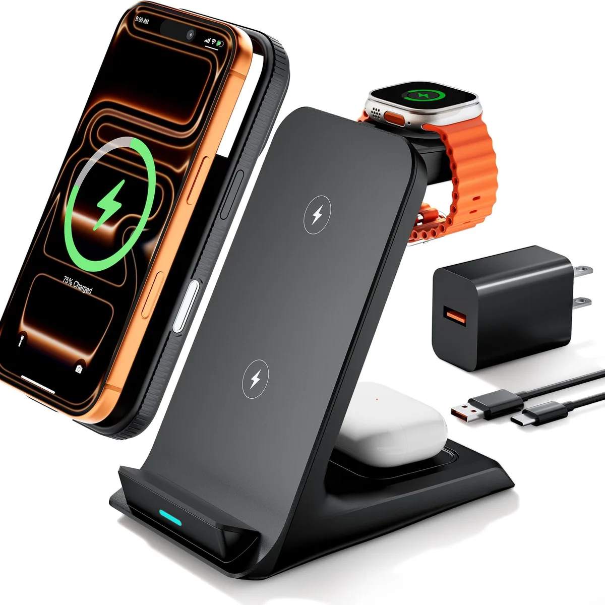 A flat rectangular charging pad with three marked zones for phone, watch and earbuds, matte dark finish