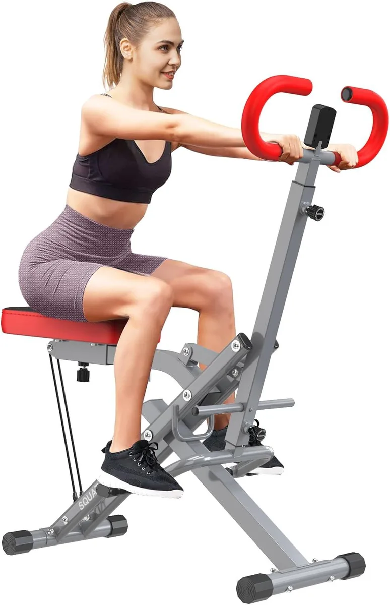 Silver steel frame squat rowing machine with padded seat, LCD monitor, and resistance bands