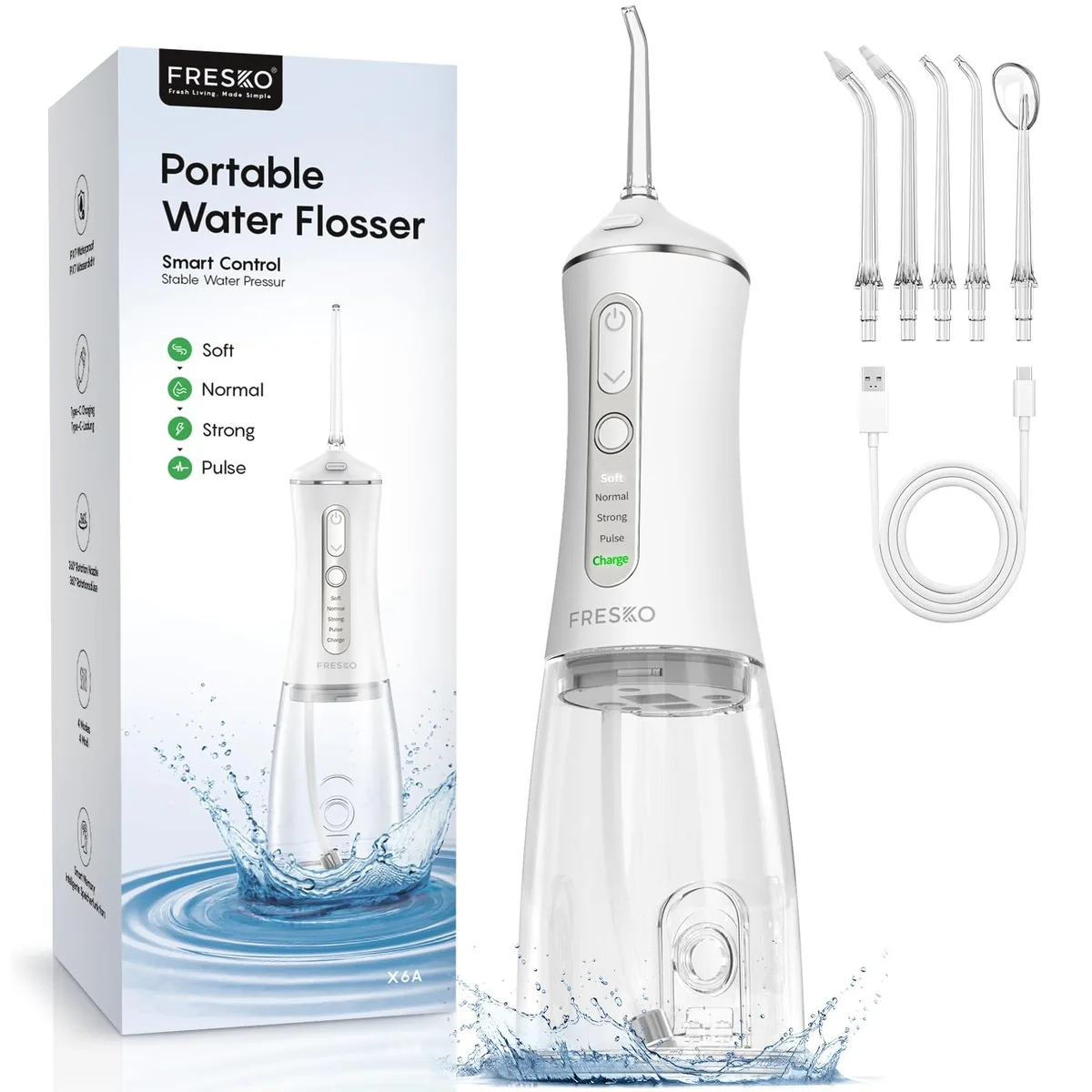 White cordless water flosser with built-in nozzle storage, 300ml tank