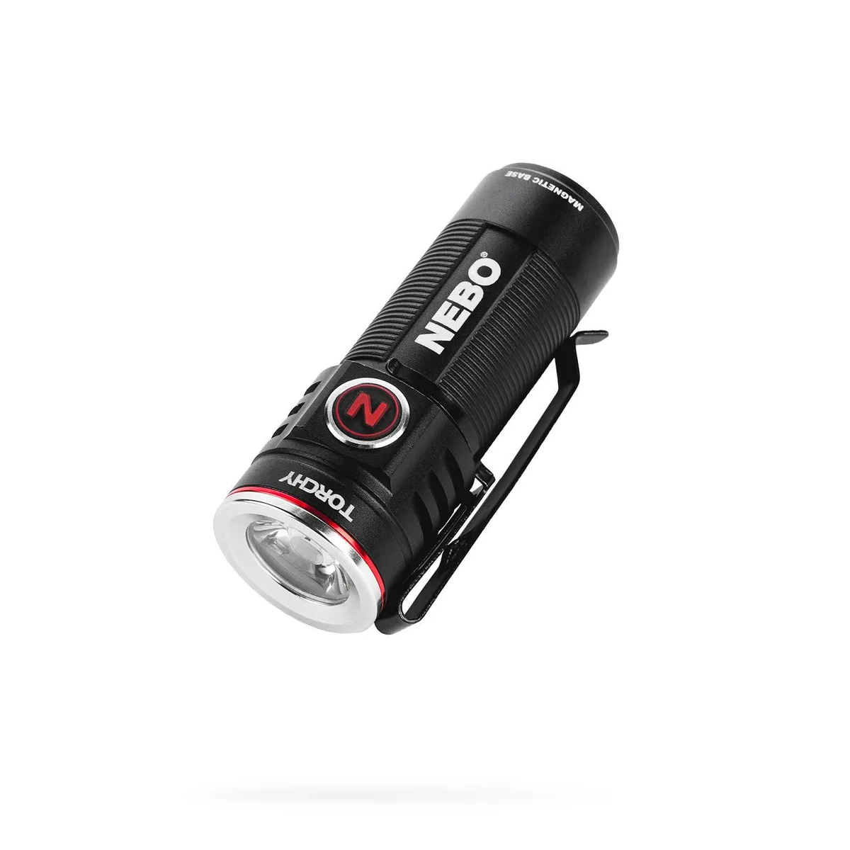 Small black cylindrical flashlight with magnetic base and steel clip