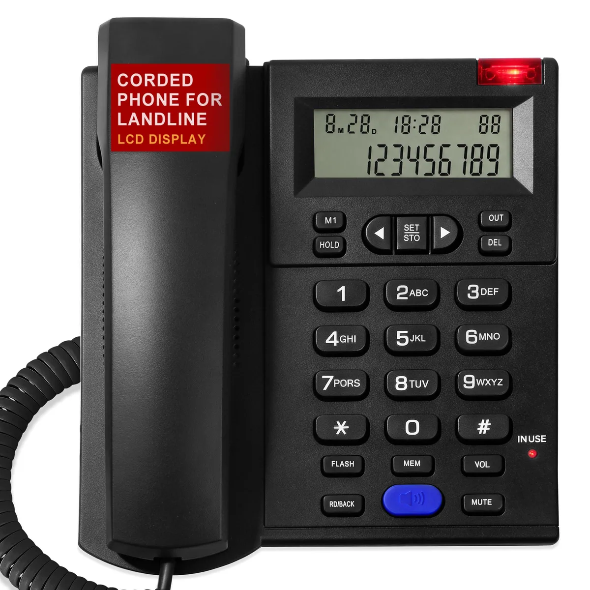  Uvital Corded Phone 05-Black 110dB 61 Call Log 16 Outgoing 90dB Speaker 5 LCD Levels — product photo