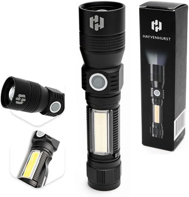 Cylindrical black flashlight with textured grip rings, 14.5 cm long and 3.2 cm wide