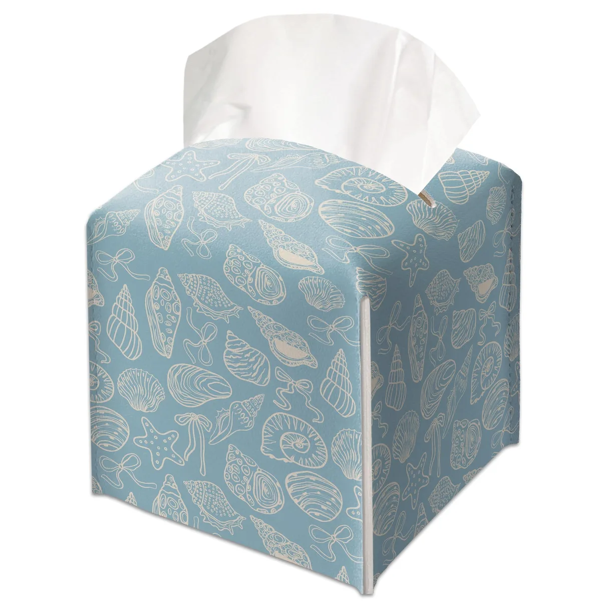 Square leather tissue box cover with seashell pattern and Velcro closure