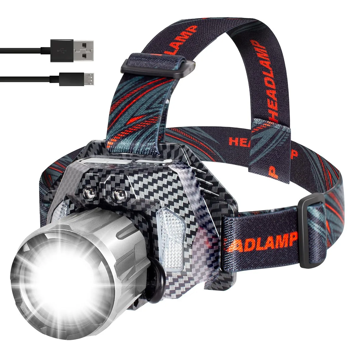 Black rectangular headlamp unit with front lens and side USB-C port, adjustable head strap attached