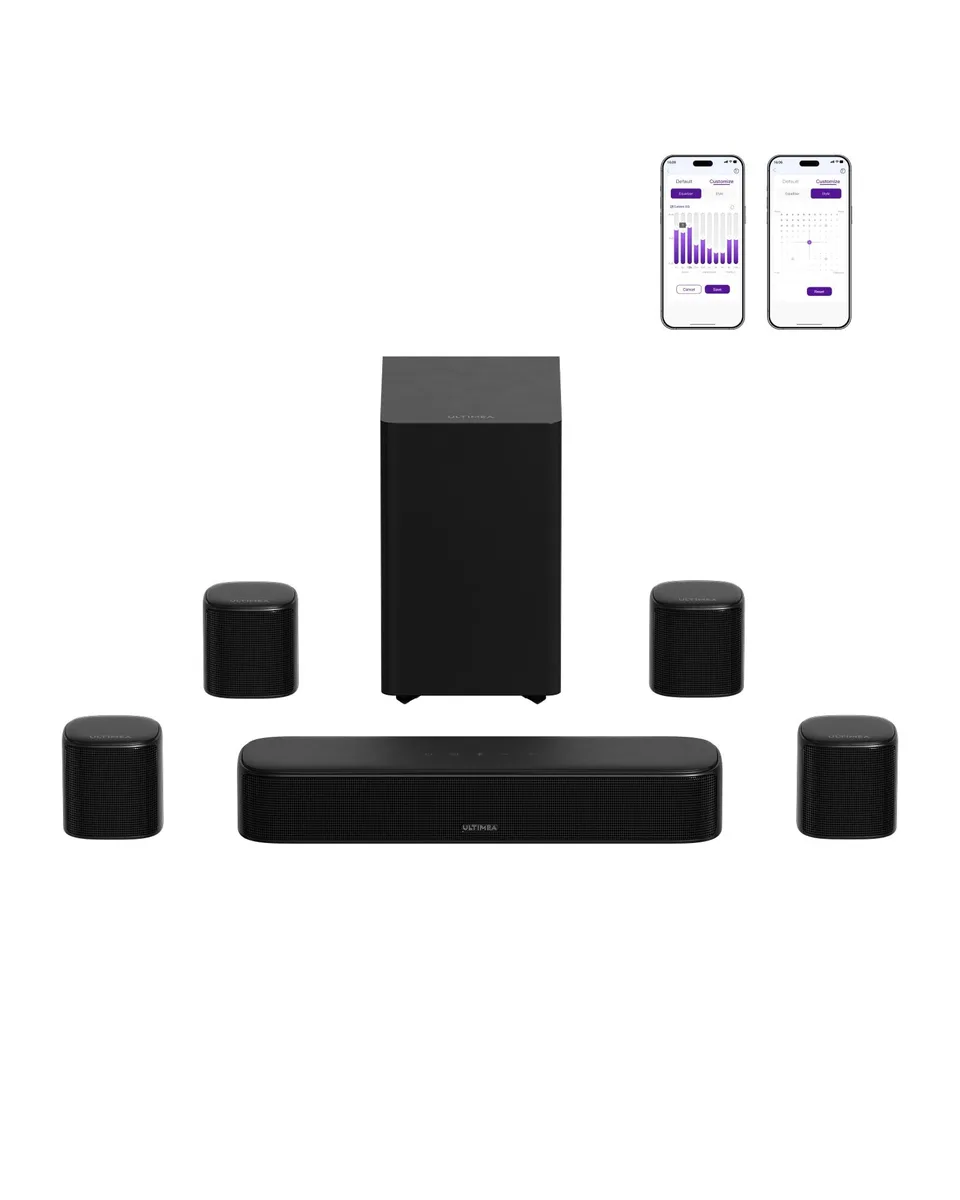 Black soundbar with subwoofer and four surround speakers