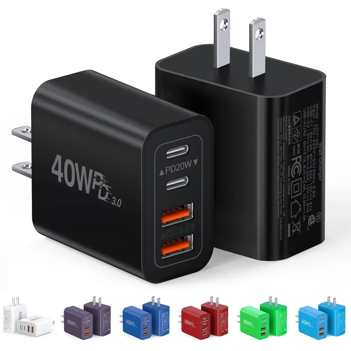 Two black four-port USB-C wall chargers side by side
