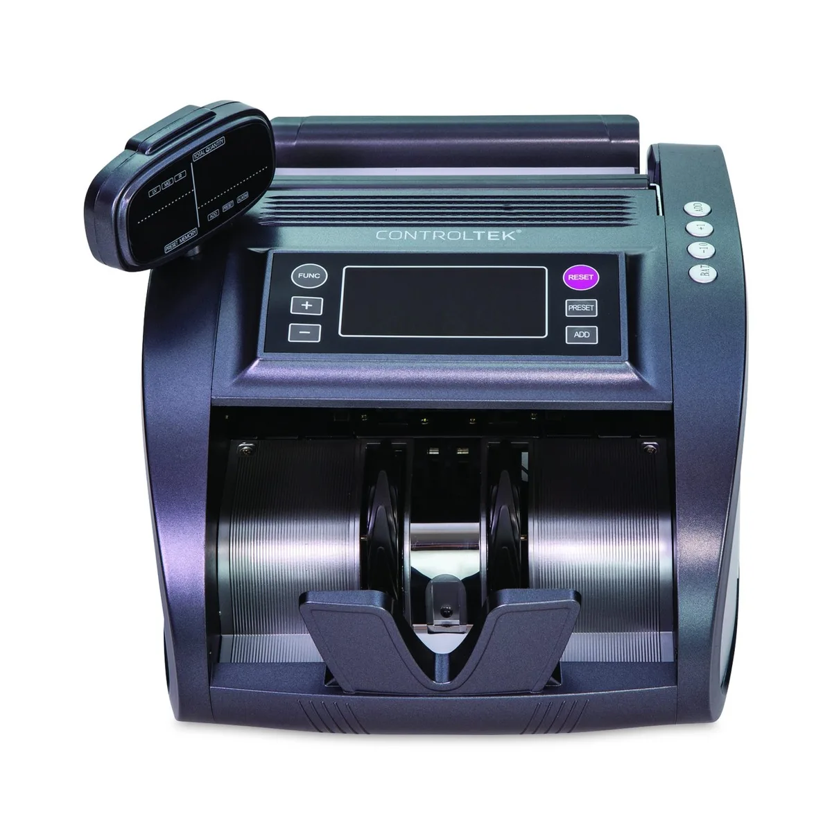 Rectangular charcoal-gray bill counter with LED display and hopper