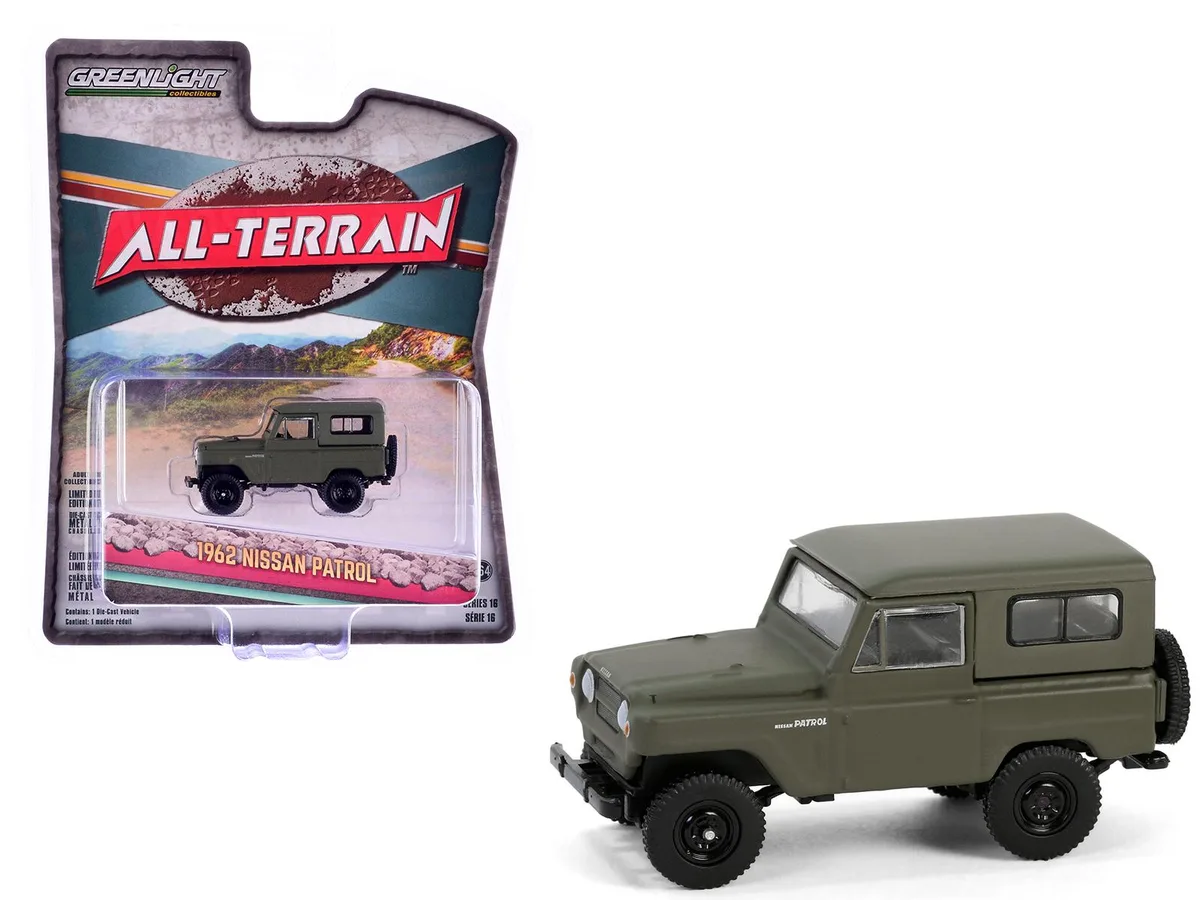 GREENLIGHT GREENLIGHT 1962 Nissan Patrol Matt Olive Green "All Terrain" Series 16 1/64 Diecast Model Car — product photo