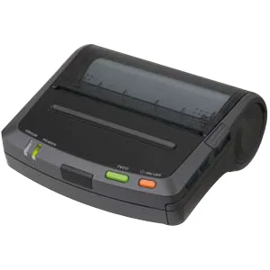 Compact grey handheld thermal label printer with serial port and paper roll visible
