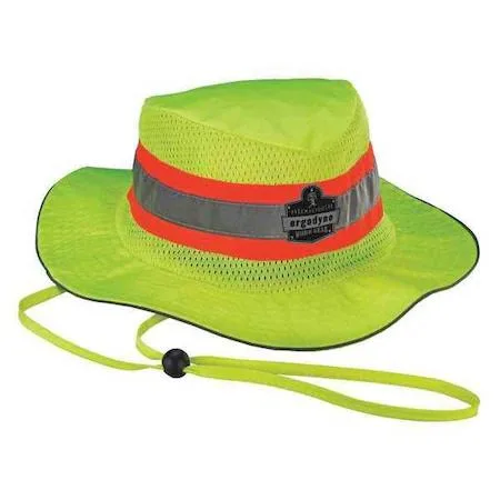 Lime green polyester cooling hat with mesh panels and drawstring cord