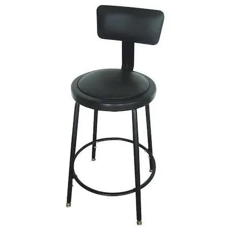 Black padded round stool with backrest, adjustable height 24 to 33 in