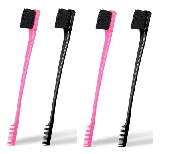 Four pink and black double-sided brush combs side by side